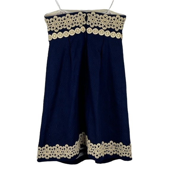 LILLY PULITZER BETSEY JACQUARD FLORAL LACE NAVY GOLD STRAPLESS MINI DRESS - Picture 5 of 16